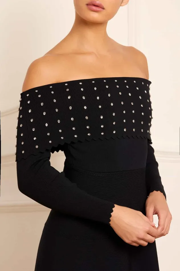Embellished Bardot Knit Gown Black Women Needle and Thread Dresses