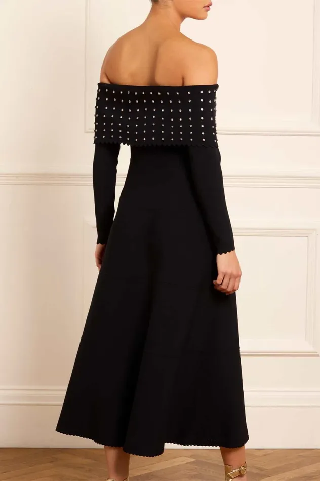 Embellished Bardot Knit Gown Black Women Needle and Thread Dresses