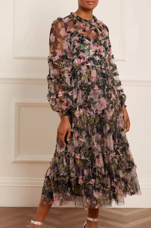 English Rose Diamond Ruffle Ballerina Dress Black Women Needle and Thread Dresses