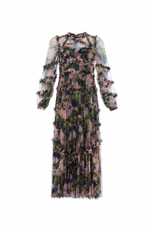 English Rose Diamond Ruffle Ballerina Dress Black Women Needle and Thread Dresses