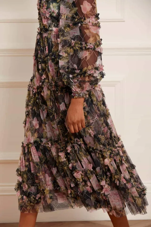 English Rose Diamond Ruffle Ballerina Dress Black Women Needle and Thread Dresses