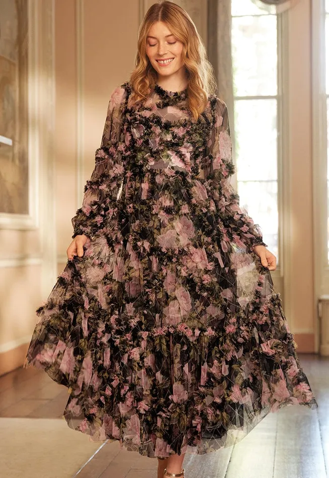 English Rose Diamond Ruffle Ballerina Dress Black Women Needle and Thread Dresses