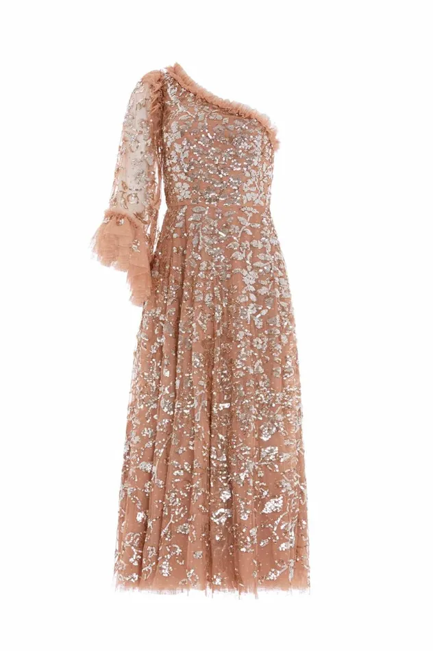 Falling Leaves OneShoulder Ankle Gown Beige Women Needle and Thread Dresses