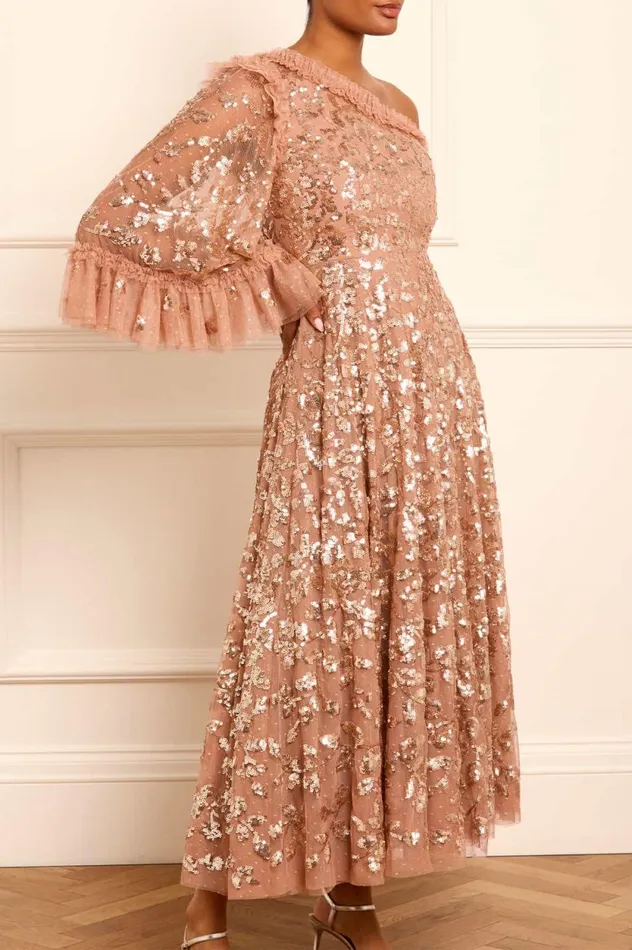 Falling Leaves OneShoulder Ankle Gown Beige Women Needle and Thread Dresses