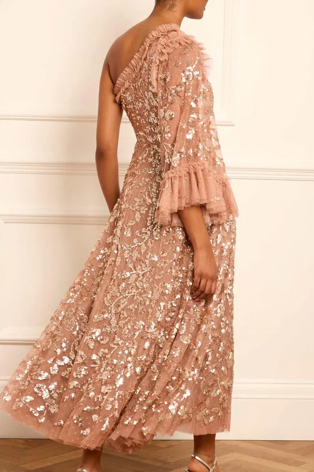 Falling Leaves OneShoulder Ankle Gown Beige Women Needle and Thread Dresses