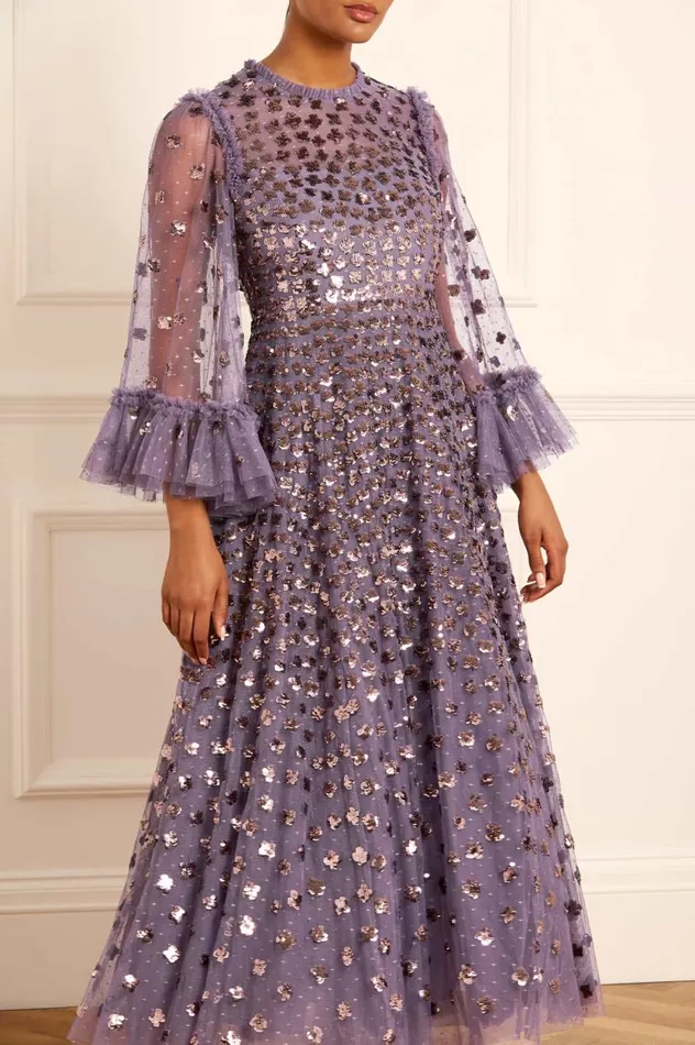 Glisten Long Sleeve Ankle Gown Purple Women Needle and Thread Dresses