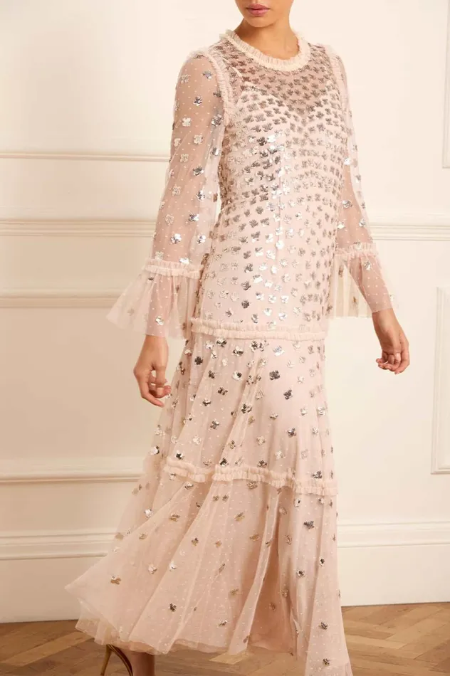 Glisten Tiered Ankle Gown Beige Women Needle and Thread Dresses