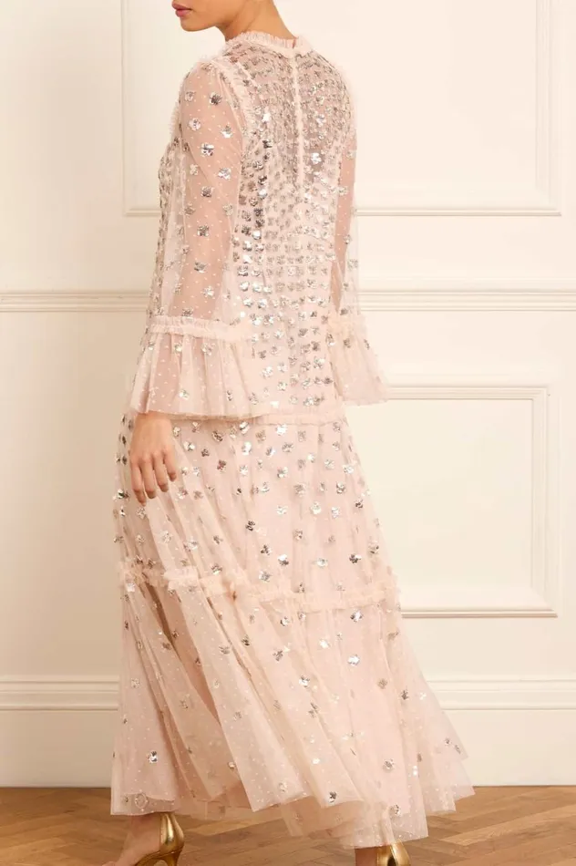 Glisten Tiered Ankle Gown Beige Women Needle and Thread Dresses