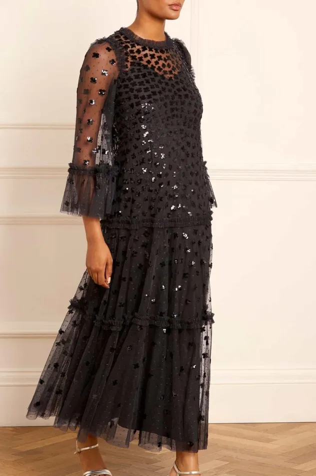 Glisten Tiered Ankle Gown Black Women Needle and Thread Dresses