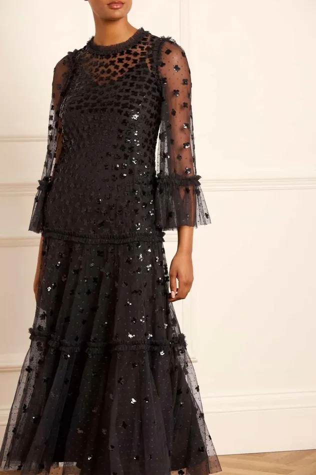Glisten Tiered Ankle Gown Black Women Needle and Thread Dresses