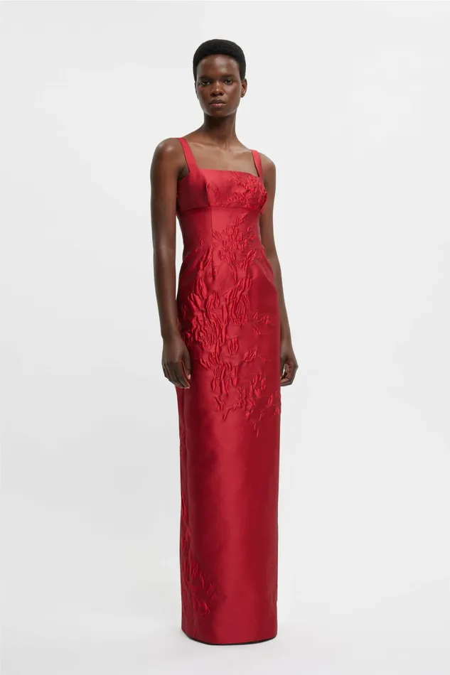 Gowns Women Emilia Wickstead Micheline Dress In Red Graphic Rose Jacquard