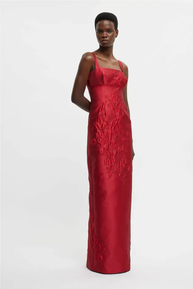 Gowns Women Emilia Wickstead Micheline Dress In Red Graphic Rose Jacquard