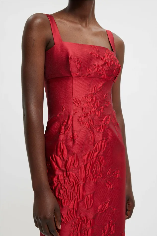 Gowns Women Emilia Wickstead Micheline Dress In Red Graphic Rose Jacquard