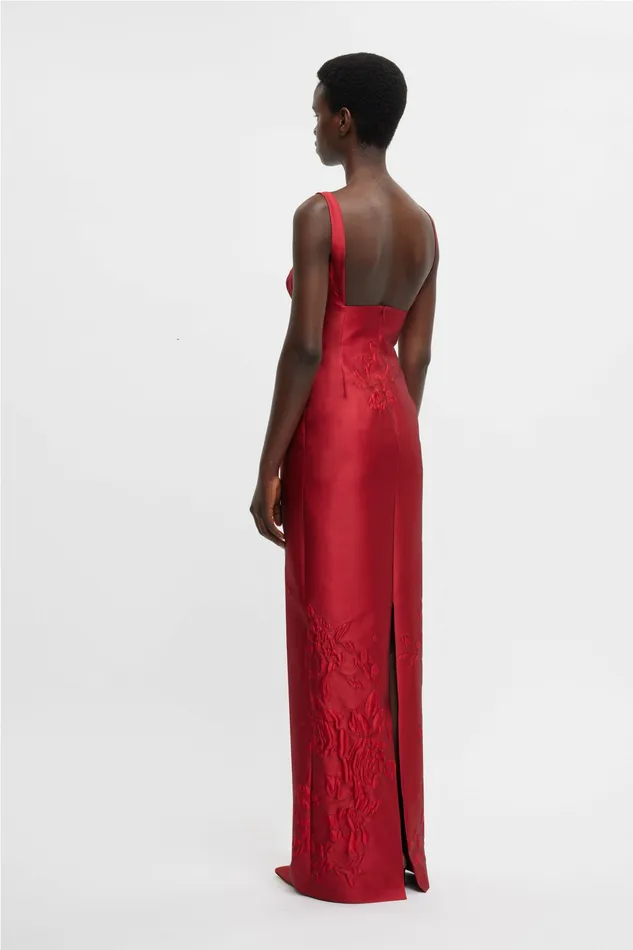 Gowns Women Emilia Wickstead Micheline Dress In Red Graphic Rose Jacquard