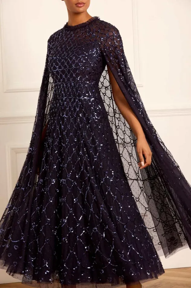 Heart Lattice Ankle Gown Blue Women Needle and Thread Dresses