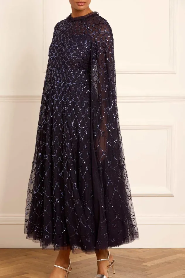 Heart Lattice Ankle Gown Blue Women Needle and Thread Dresses