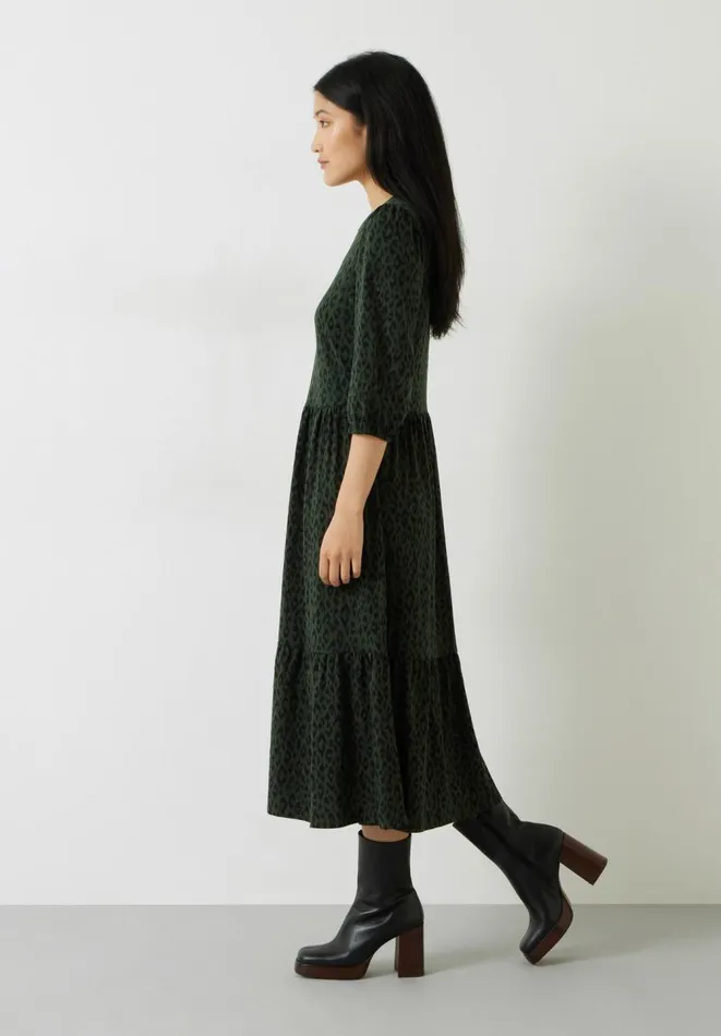 Hush Dresses Women Athena Jersey Cotton Tier Dress Animal Ikat Khaki