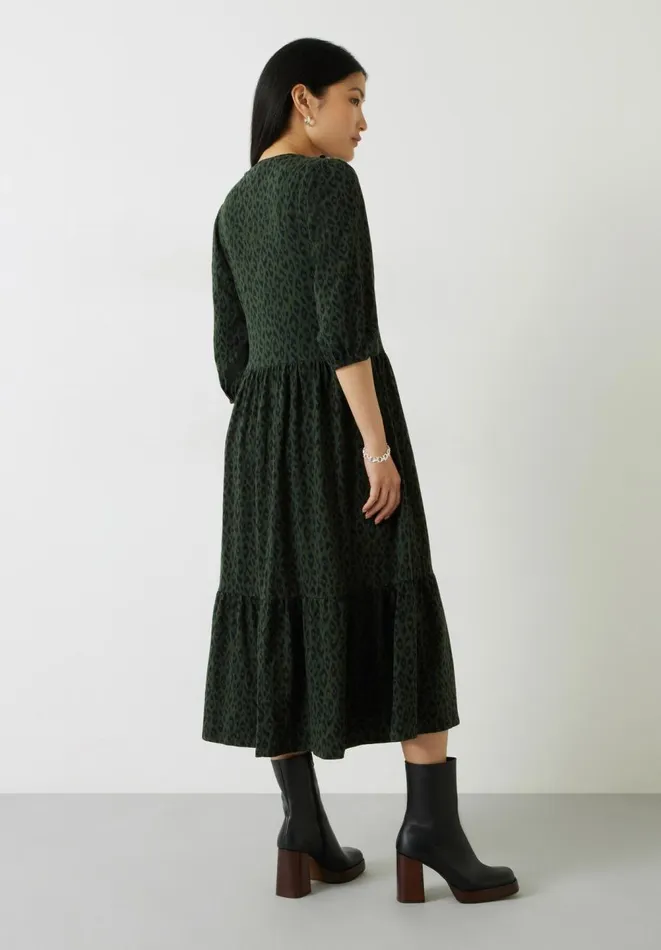 Hush Dresses Women Athena Jersey Cotton Tier Dress Animal Ikat Khaki