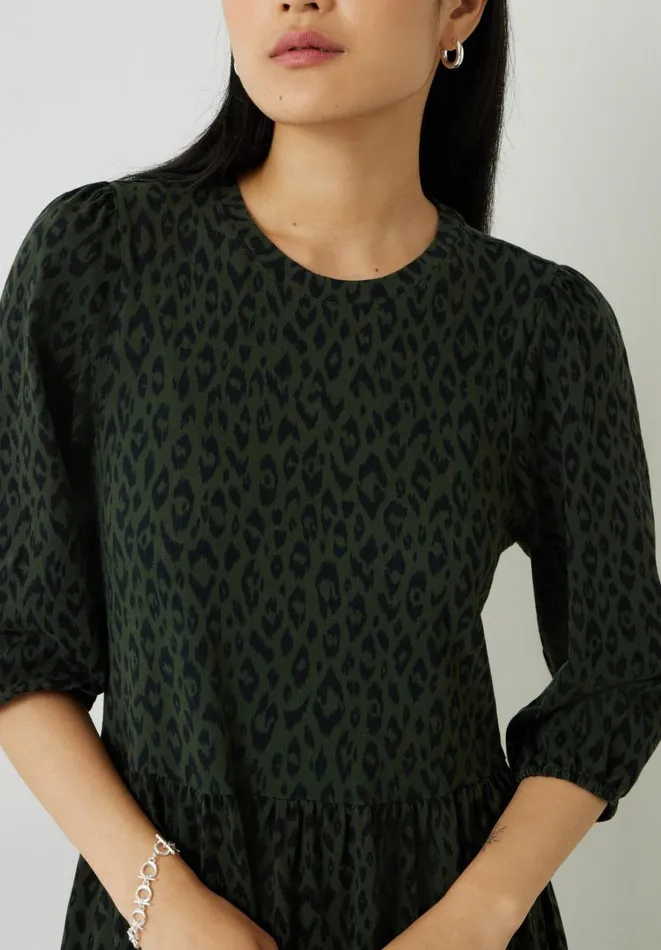 Hush Dresses Women Athena Jersey Cotton Tier Dress Animal Ikat Khaki