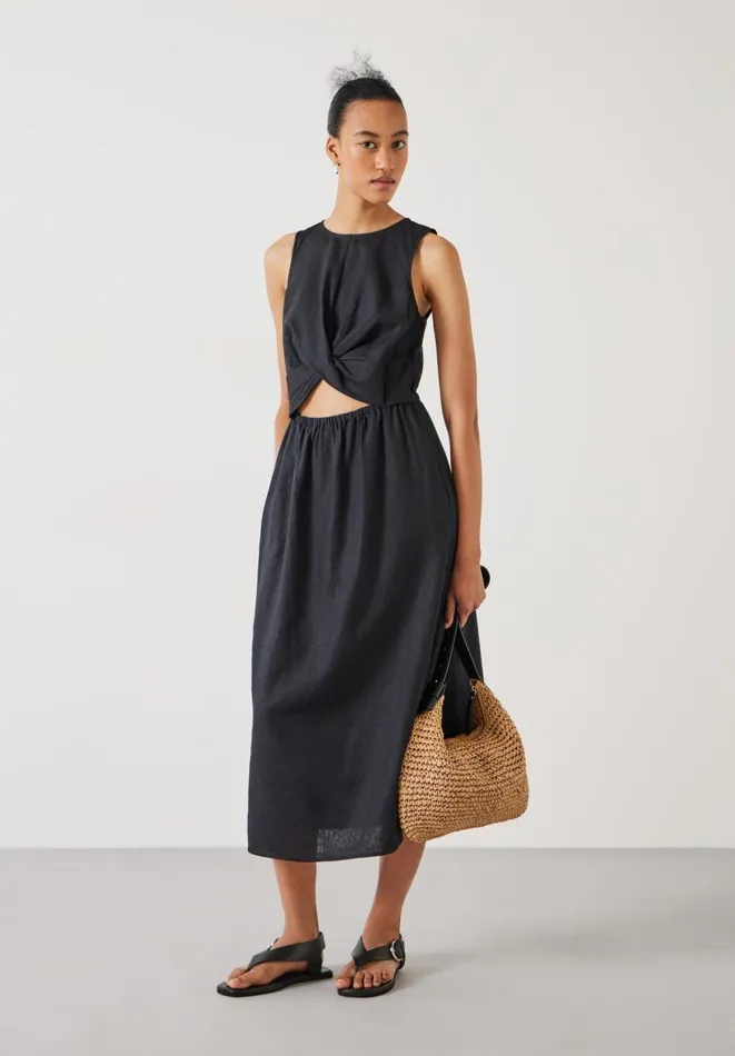 Hush Dresses Women Maggie Twist Front Linen Midi Dress Black