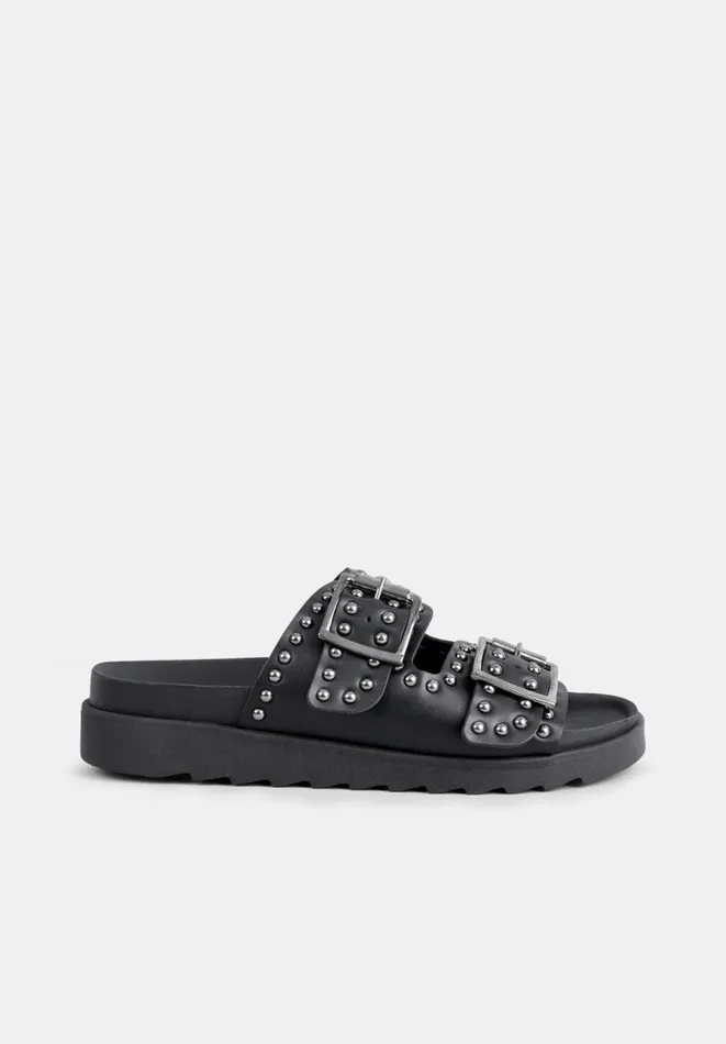 Hush Flats Women Kapalua Leather Studded Sandals Black