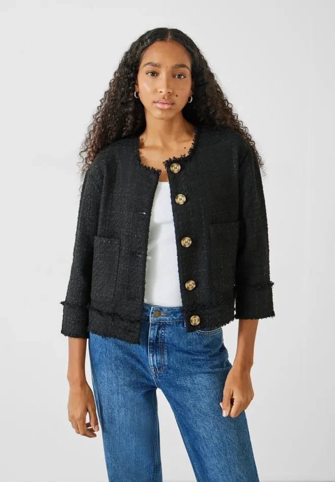 Hush Jackets and Coats Women Saffron Collarless Boucle Jacket Black