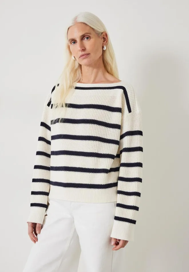 Hush Jumpers and Cardigans Women Aubrey Ribbed Boat Neck Cotton Jumper Ecru Navy Stripe