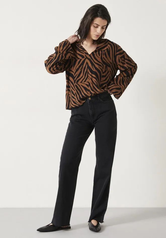 Hush Shirts and Blouses Women Lauren Notch Neck Top Zebra Patchwork Brown Hush Shirts and Blouses Women Lauren Notch Neck Top Zebra Patchwork Brown