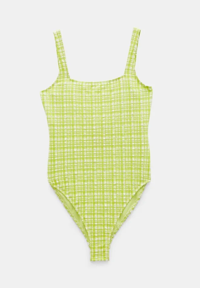 Hush Swimwear and Beachwear Women Lola Check Crinkle Scoop Swimsuit Lime Check