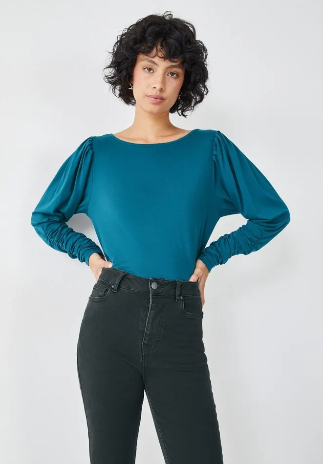Hush Tops and Tshirts Women Charlotte Ruched Sleeve Jersey Top Dark Teal Blue