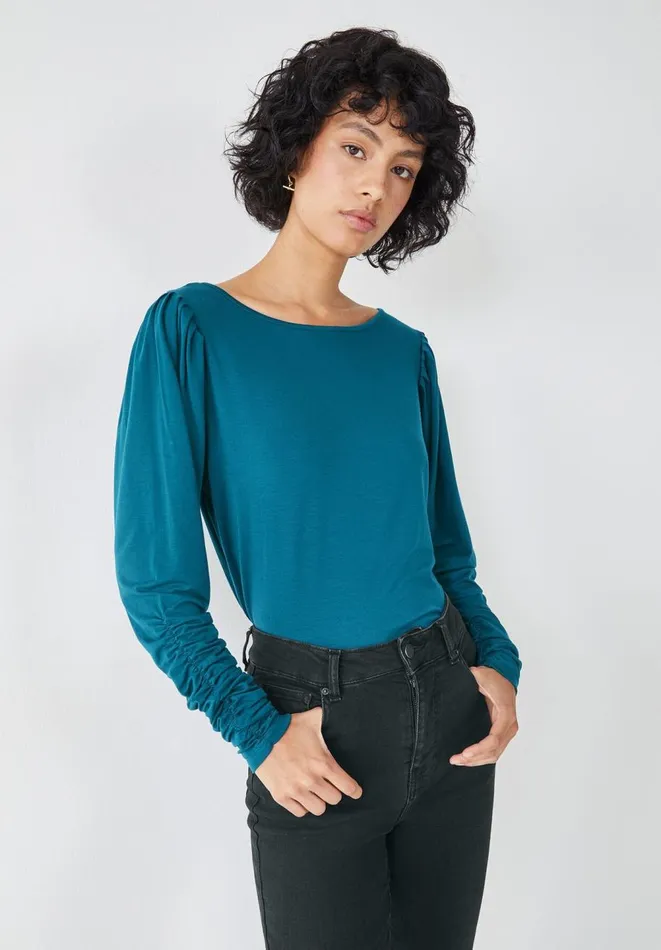 Hush Tops and Tshirts Women Charlotte Ruched Sleeve Jersey Top Dark Teal Blue Hush Tops and Tshirts Women Charlotte Ruched Sleeve Jersey Top Dark Teal Blue