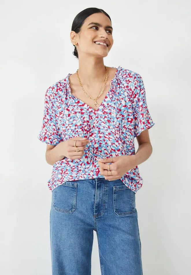Hush Tops and Tshirts Women Elle Tie Neck Top Animal Mark Floral Bluered