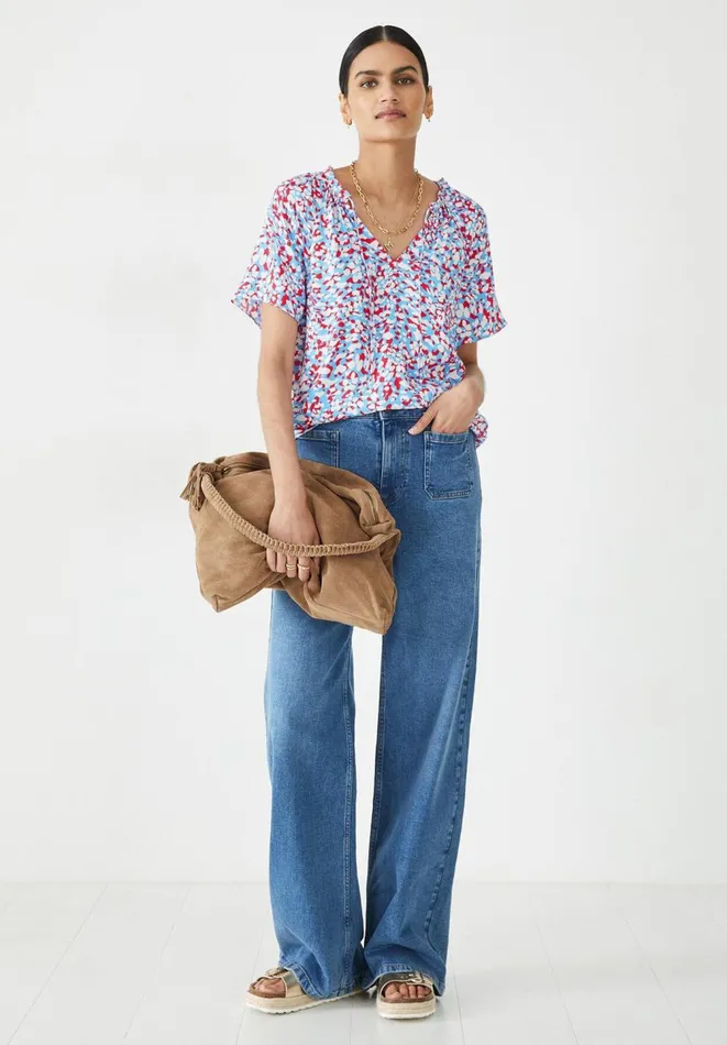 Hush Tops and Tshirts Women Elle Tie Neck Top Animal Mark Floral Bluered