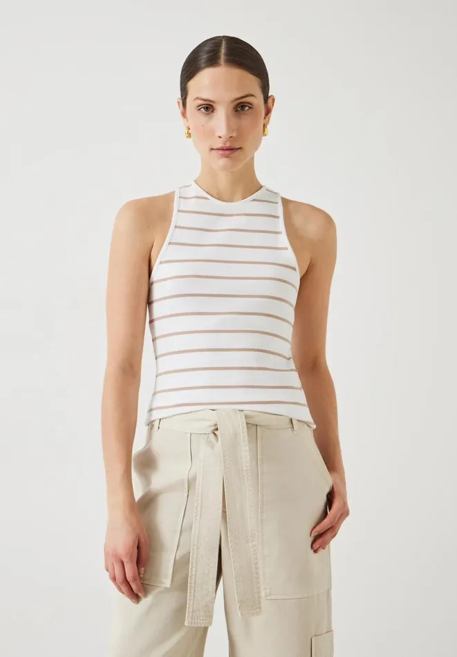 Hush Tops and Tshirts Women Ines Striped Cotton Ribbed Vest White
