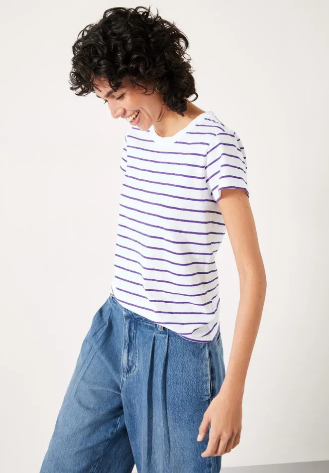 Hush Tops and Tshirts Women Slim Fit Stripe TShirt Whitepurple
