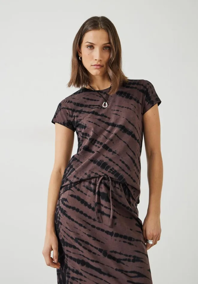 Hush Tops and Tshirts Women Zaida Cotton Tie Dye Fitted TShirt Diagonal Tie Dye Dark Brown