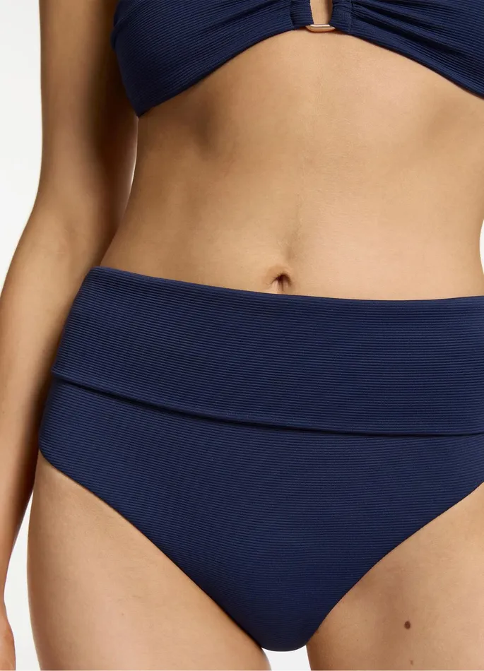 Isla Rib Fold Down High Waisted Bikini Bottom Ink Women JETS Australia High Waist Bikini Bottoms