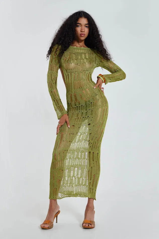 Jaded London Dresses Women Shop Moss Green Metallic Umbra Maxi Dress