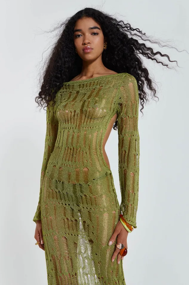 Jaded London Dresses Women Shop Moss Green Metallic Umbra Maxi Dress