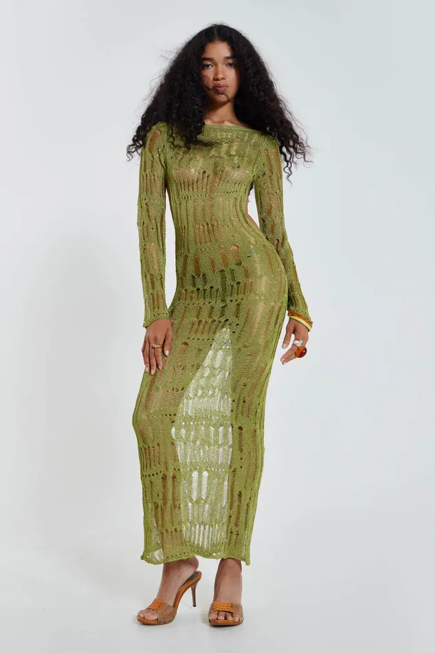 Jaded London Dresses Women Shop Moss Green Metallic Umbra Maxi Dress