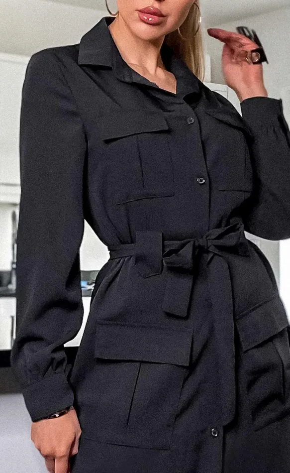 Juliana Black Belted Utility Shirt Dress Women Missfiga Skater Dresses