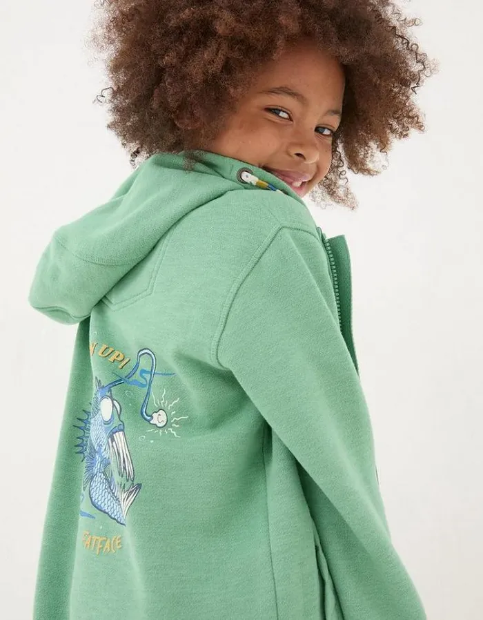 Kids FatFace Sweatshirts and Hoodies Creature Graphic Zip Through Hoodie Green