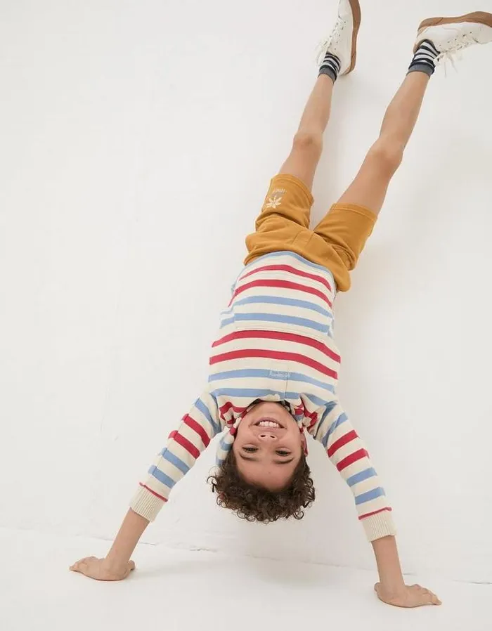 Kids FatFace Sweatshirts and Hoodies Stripe Half Neck Hoodie Oatmeal