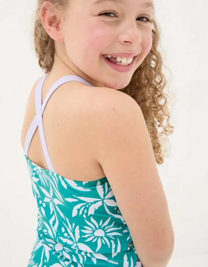 Kids FatFace Swimwear Palm Print Tankini Teal Blue