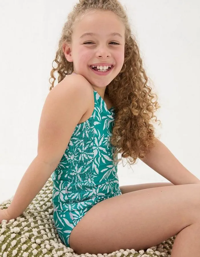 Kids FatFace Swimwear Palm Print Tankini Teal Blue