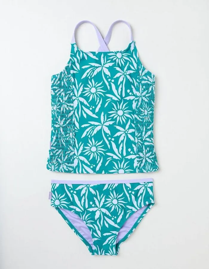 Kids FatFace Swimwear Palm Print Tankini Teal Blue