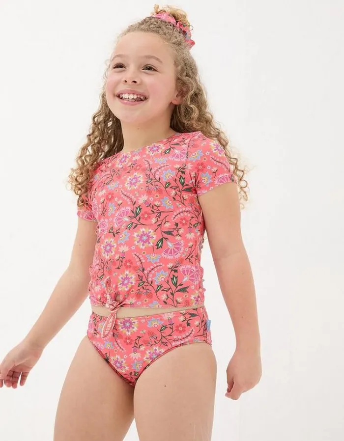 Kids FatFace Swimwear Summer Floral Tankini Set Coral
