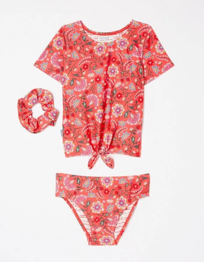 Kids FatFace Swimwear Summer Floral Tankini Set Coral