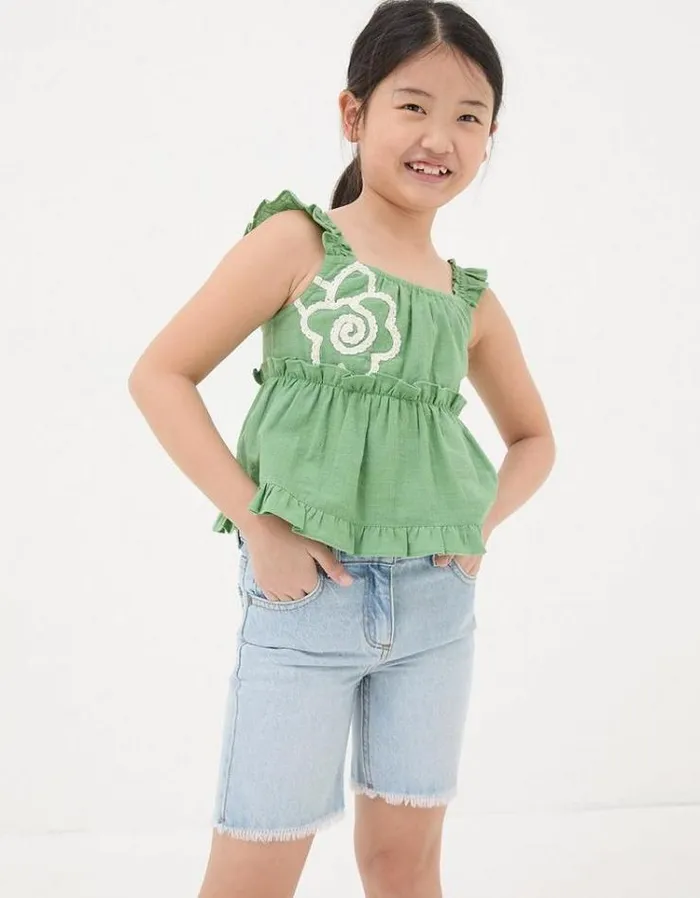 Kids FatFace Tops and TShirts Floral Embroidered Cami Top Green