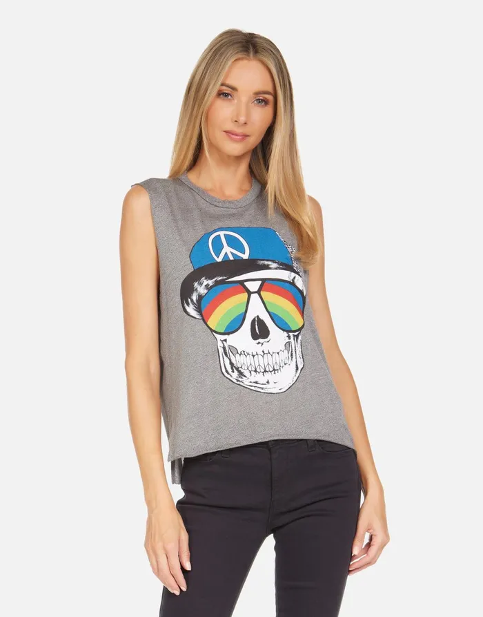 Kinzington Rainbow Peace Skull Heather Grey Women039s Lauren Moshi Tanks